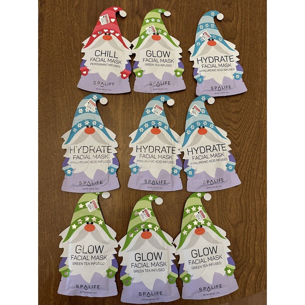Spalife Facial Masks Lot Of 9 Holiday Christmas Hyaluronic Green Tea Peppermint